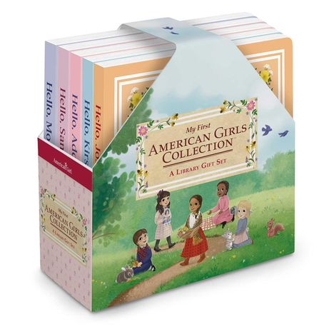 „My First American Girls Collection: A Library Gift Set.“ Illustration von Mädchen in bunten Kleidern auf einer Wiese.