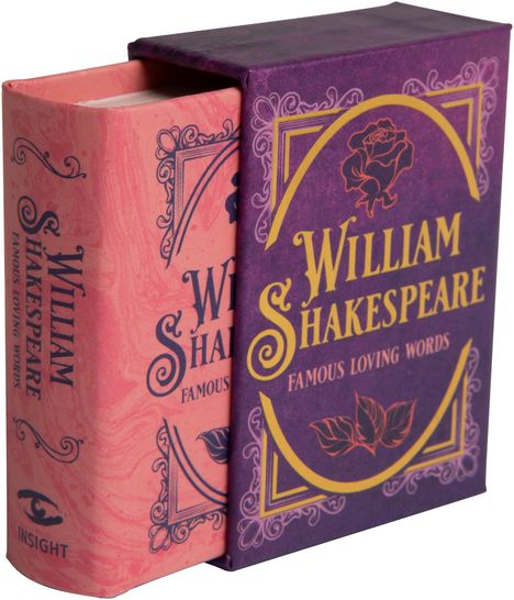 "Famous Loving Words" von William Shakespeare, Buch im rosa Einband in violetter Box mit Rosenverzierung und gelben Akzenten.