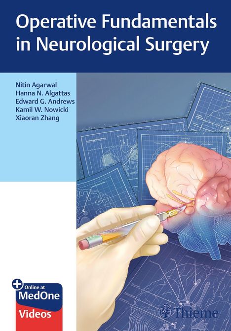 "Operative Fundamentals in Neurological Surgery" steht oben. Darunter eine Illustration mit Gehirn, Skalpellen und Zeichnungen.