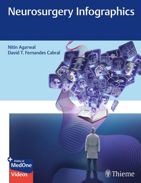 "Neurosurgery Infographics" oben, Autoren Nitin Agarwal, David T. Fernandes Cabral. Person sieht zu schwebendem Buch mit Icons.