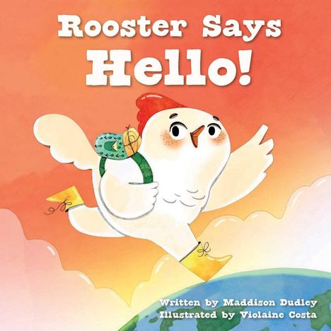 „Rooster Says Hello!“ Ein fröhlicher Hahn mit gelben Stiefeln springt in einer bunten und lebhaften Illustration.