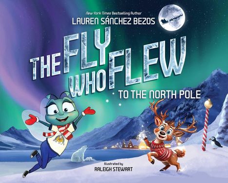 "The Fly Who Flew to the North Pole" steht groß. Eine fröhliche Fliege mit Schal und Handschuhen tanzt im Schnee neben einem Rentier.