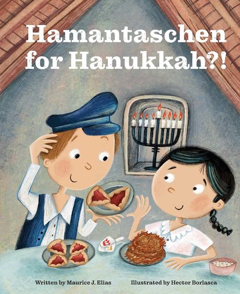 "**Hamantaschen for Hanukkah?!** Illustration von zwei Kindern an einem Tisch; Hamantaschen, Latkes und Menora im Fenster."