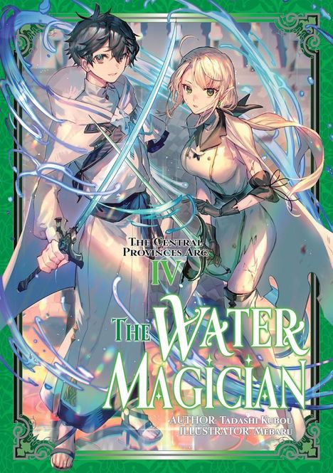 "The Central Provinces Arc IV: The Water Magician" steht auf einem grünen Cover. Zwei Fantasy-Charaktere in magischer Umgebung.