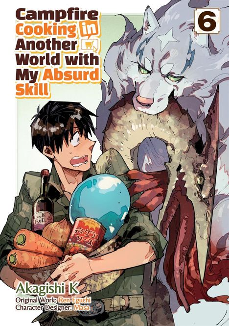 „Campfire Cooking in Another World with My Absurd Skill“, „Akagishi K“. Mann hält Essen, neben ihm ein Wolf.