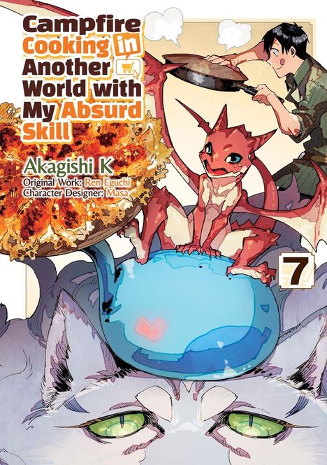 Texte: „Campfire Cooking in Another World with My Absurd Skill“. Ein kleiner roter Drache sitzt auf einem blauen Tier.