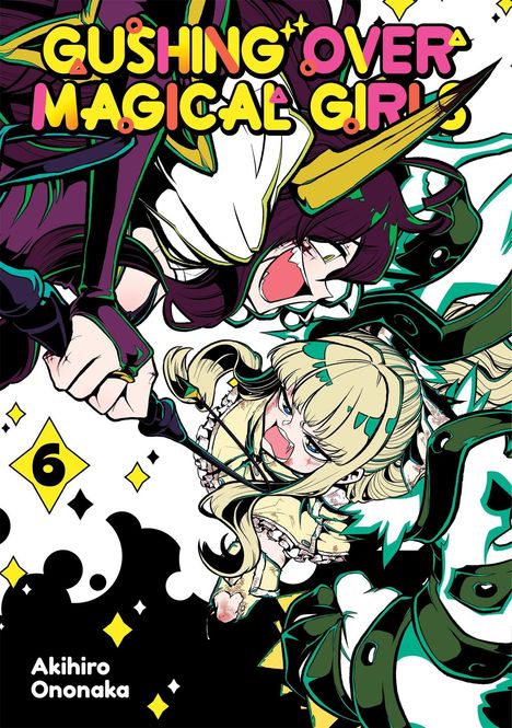 Cover mit "Gushing Over Magical Girls". Zwei Figuren in intensiver Pose. Verspielte, bunte Schrift und dynamische Manga-Illustration.