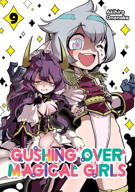 „Gushing Over Magical Girls“, Akihiro Ononaka. Zwei Figuren mit bunten Outfits und Hörnern, umgeben von leuchtenden Symbolen.