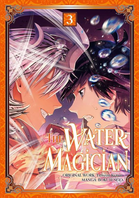 "The Water Magician" und "3". Zwei Manga-Charaktere stehen sich gegenüber, umgeben von Wassertropfen, mit dynamischen Farben.