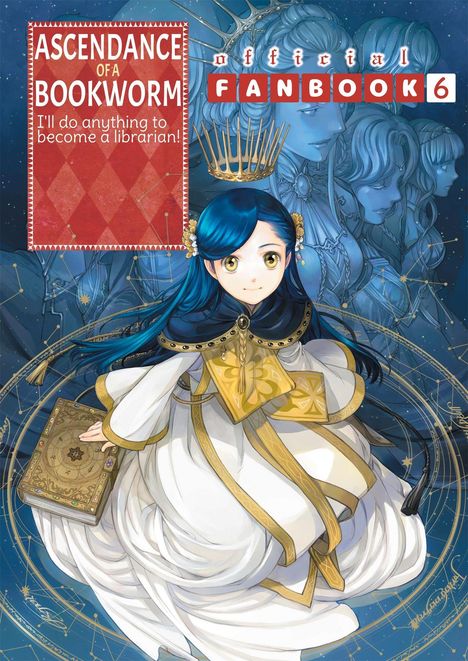 „Ascendance of a Bookworm: I'll do anything to become a librarian!“ Offizielles Fanbuch 6. Mädchen im weißen Gewand mit Buch.
