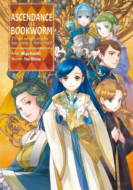 "Ascendance of a Bookworm: I'll do anything to become a librarian!" Sechs Personen mit detaillierten Kostümen, magische Motive. Illustration.