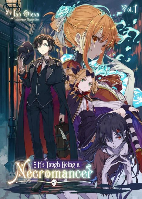 "Vol. 1", "It's Tough Being a Necromancer". Fantasie-Illustration mit vier Figuren, stilvoll und mystisch.