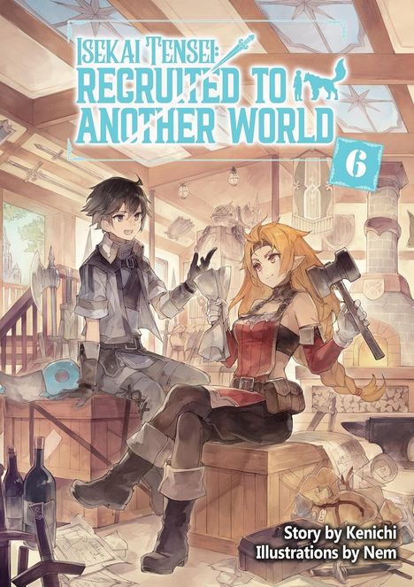 Titel: "Isekai Tensei: Recruited to Another World". Zwei Fantasy-Charaktere: Junge in Rüstung, Frau mit Hammer in Werkstatt.