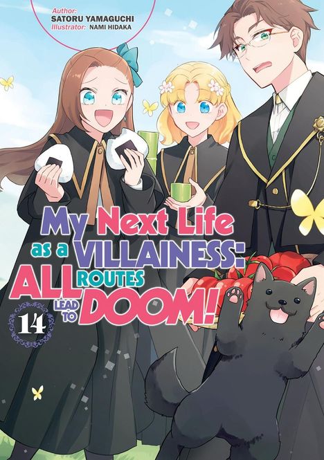 "My Next Life as a Villainess: All Routes Lead to Doom!" Drei fröhliche Figuren in Schuluniformen, ein Hund mit Tomaten.