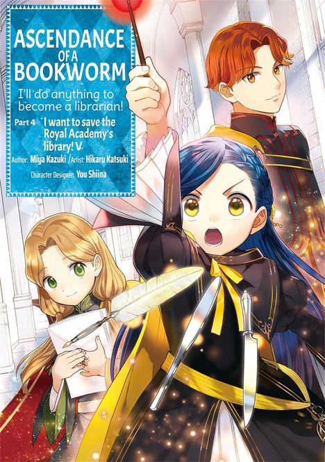 "Ascendance of a Bookworm: I'll do anything to become a librarian! Drei Figuren mit entschlossenen Mienen in Fantasy-Kleidung."