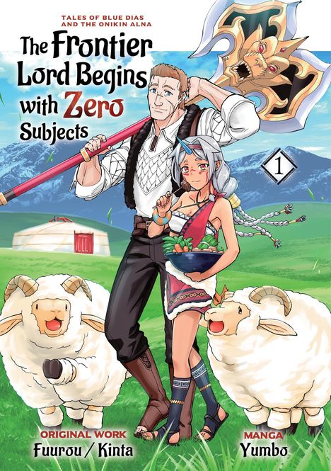 ""The Frontier Lord Begins with Zero Subjects". Ein Mann mit Axt und eine Frau mit Salatschale, umgeben von Schafen."