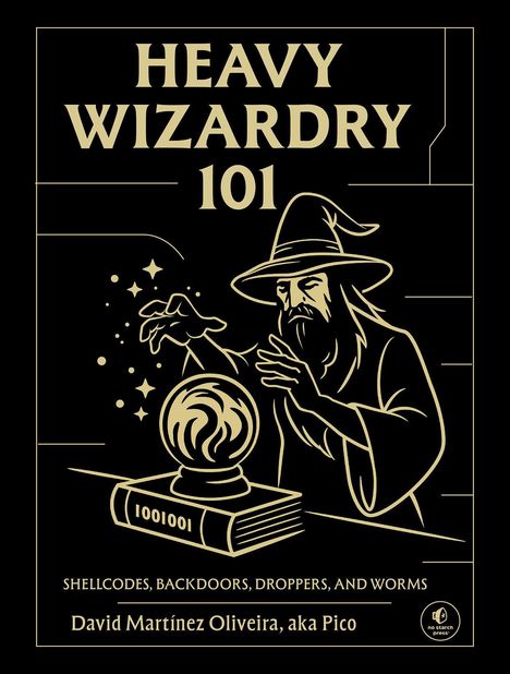 "HEAVY WIZARDRY 101" über einem Zauberer, der mit einer Glaskugel hantiert, darunter IT-Begriffe. Entwurf im Stil einer Illustration.
