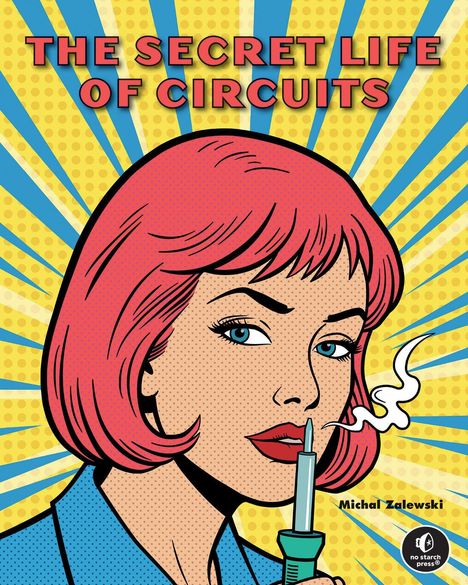 "The Secret Life of Circuits" steht oben. Eine Frau mit roten Haaren hält einen lötdampfenden Lötkolben. Pop-Art-Stil.