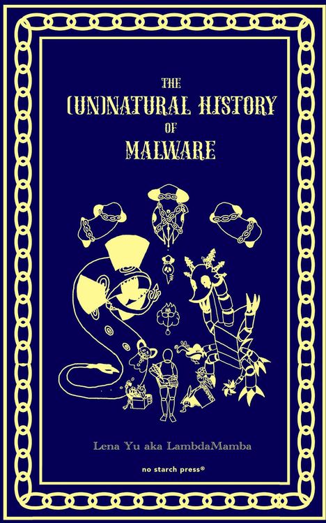 Der Text "The Unnatural History of Malware" und "Lena Yu aka LambdaMamba". Gelbe Illustrationen auf dunklem Hintergrund.