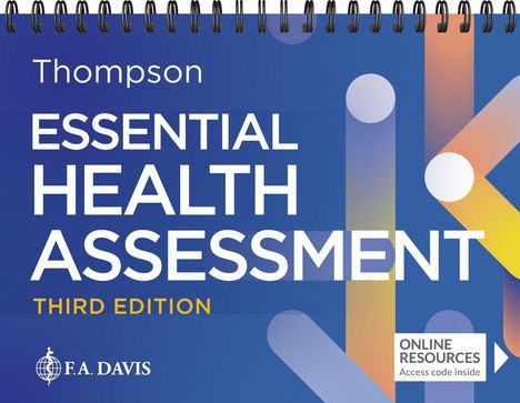 "Thompson Essential Health Assessment Third Edition. Online Resources: Access code inside." Grafik mit bunten Linien.