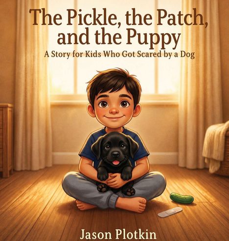 "The Pickle, the Patch, and the Puppy." Ein Kind hält einen Welpen, links eine Gurke, rechts ein Pflaster. Warmes Licht.