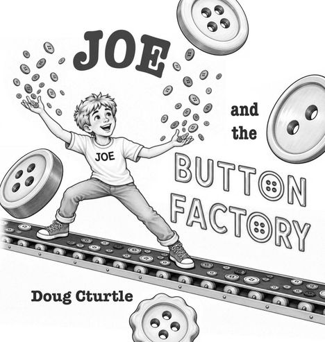 Text: "Joe and the Button Factory." Ein fröhlicher Junge auf einem Fließband wirft Knöpfe in die Luft.