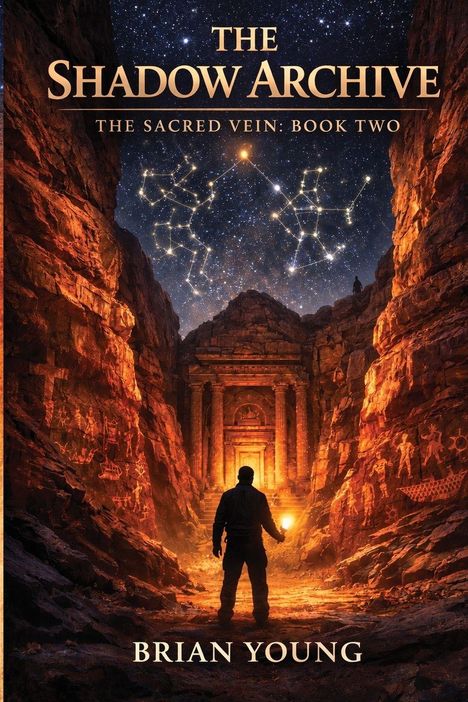 Oben: "THE SHADOW ARCHIVE"; darunter: "THE SACRED VEIN: BOOK TWO". Unten: "BRIAN YOUNG". Silhouette vor alter Tempelruine.