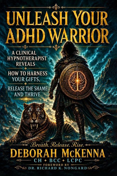 "UNLEASH YOUR ADHD WARRIOR" in goldener Schrift. Illustration: Krieger mit Schild und Tiger vor einem stürmischen Himmel.