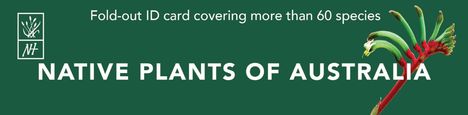 Text: "Fold-out ID card covering more than 60 species. NATIVE PLANTS OF AUSTRALIA." Logo und Pflanzengrafik auf grünem Hintergrund.
