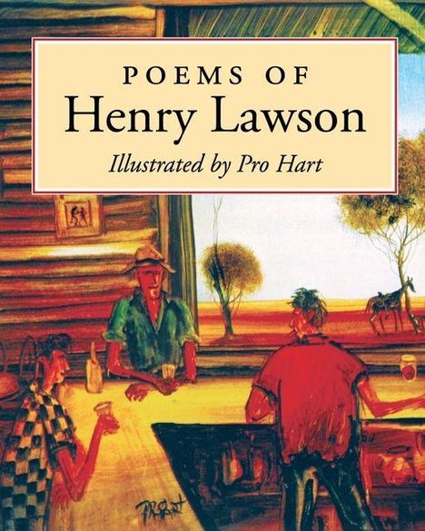 "Poems of Henry Lawson. Illustrated by Pro Hart." Bild einer Bar-Szene mit drei Männern und einem Pferd draußen.