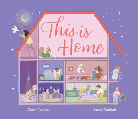 "This is Home" steht groß in einem rosa Dach. Eine Illustration zeigt ein offenes Puppenhaus mit Menschen in verschiedenen Räumen.