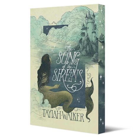 „The Song of the Sirens“ und „Taylah Walker“. Illustration: Meerjungfrau, Wasserfall, Schloss auf Felsen.