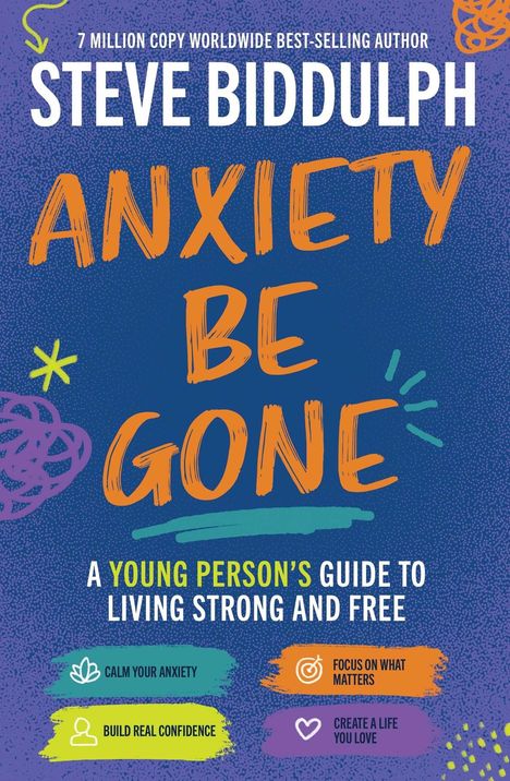 Text: "Steve Biddulph, Anxiety Be Gone, A Young Person’s Guide to Living Strong and Free." Bunte Symbole und Illustrationen.