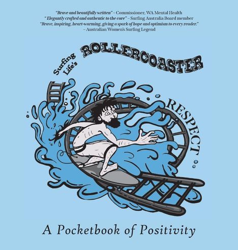 Texte: "Surfing Life's Rollercoaster", "RESPECT", "A Pocketbook of Positivity".  
Illustration: Surfer auf Achterbahn in Wellen.