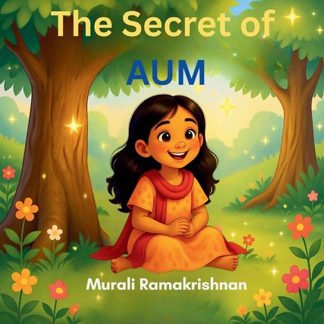 "The Secret of AUM" und "Murali Ramakrishnan". Illustration eines Mädchens unter Bäumen, umgeben von Blumen.