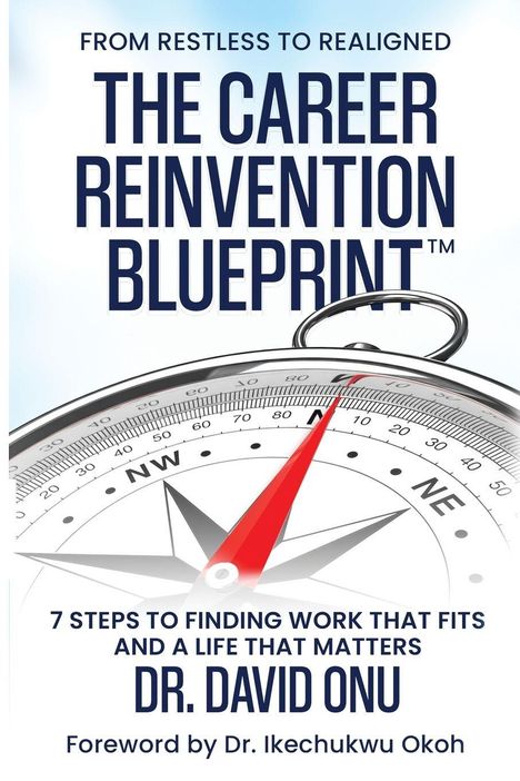 Text: "THE CAREER REINVENTION BLUEPRINT™" von Dr. David Onu. Illustration: Ein Kompass.