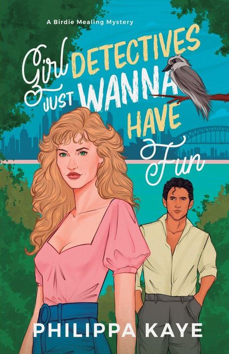 „Girl Detectives Just Wanna Have Fun“. Illustration: Frau mit lockigem Haar, pinkem Oberteil; Mann dahinter. Skyline im Hintergrund.