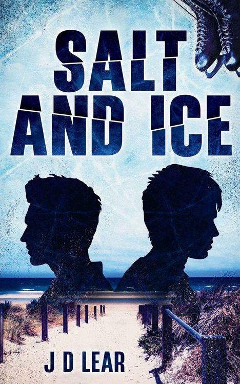 "SALT AND ICE", "J D Lear"; zwei Silhouetten im Profil vor einem Strandweg, im Hintergrund blaues Eis.
