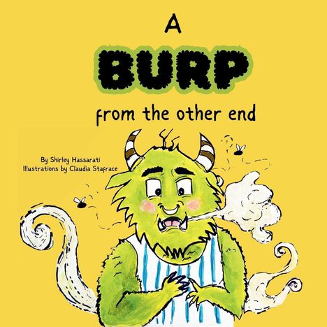 "A BURP from the other end." Ein grünes Monster mit Hörnern und Streifenhemd, das lächelt und Rauch von sich gibt.