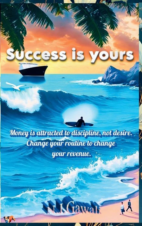 „Success is yours.“ Darunter: „Money is attracted to discipline, not desire. Change your routine to change your revenue.“ Oben ein Schiff, Wellen, Palmen und Felsen, unten ein Logo.