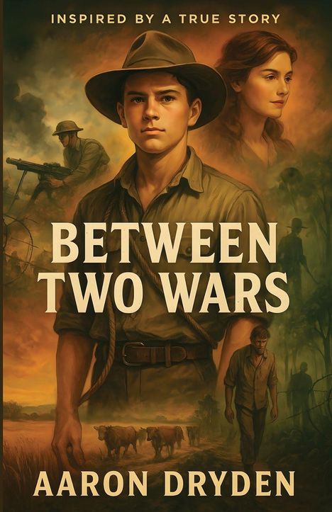 Buchcover mit den Texten: "INSPIRED BY A TRUE STORY", "BETWEEN TWO WARS", "AARON DRYDEN". Illustration von Figuren und Landschaft.