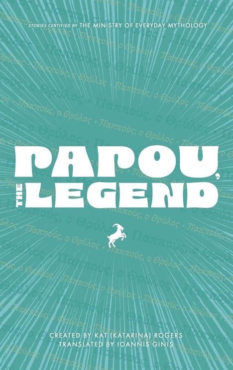 „PAPOU, THE LEGEND“. Ein Ziegenlogo auf türkisfarbenem Hintergrund mit strahlenförmigem Muster.