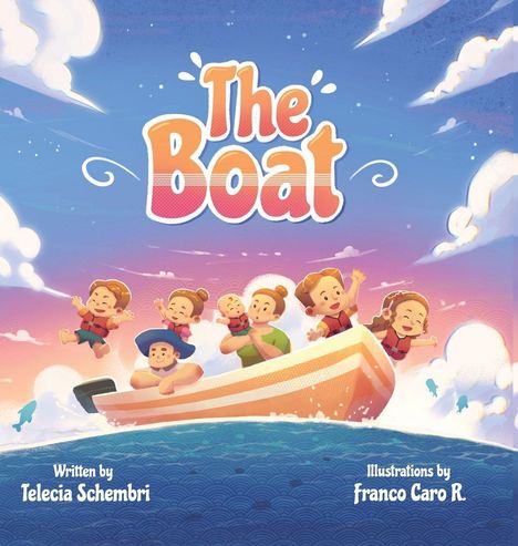 „The Boat“ in großen Buchstaben, darunter fröhliche Kinder und Erwachsene auf einem Boot in einem farbenfrohen Ozean.