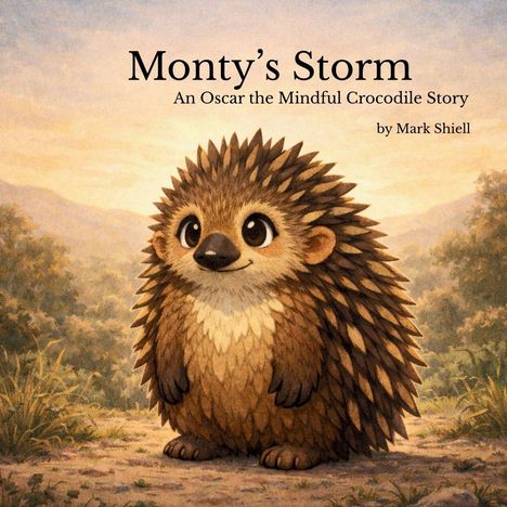 „Monty’s Storm: An Oscar the Mindful Crocodile Story“ von Mark Shiell. Illustration eines lächelnden Igels in Natur.