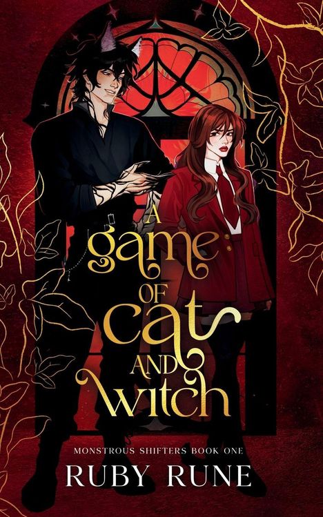Titel: A Game of Cat and Witch. Zwei Personen, ein Mann mit Katzenohren, eine Frau mit rotem Haar. Goldene Ranken.