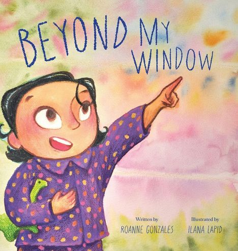 "Beyond My Window" steht oben. Ein Kind schaut begeistert und zeigt nach oben, ein grünes Spielzeug unter dem Arm.