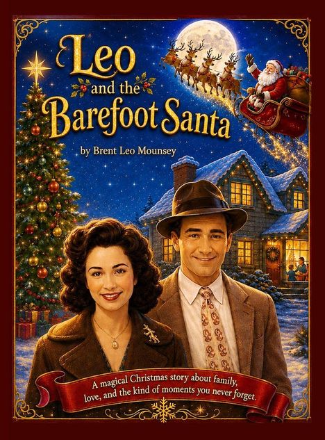 "Leo and the Barefoot Santa" von Brent Leo Mounsey. In einer festlichen Szene mit einem Paar, Weihnachtsmann und Haus.