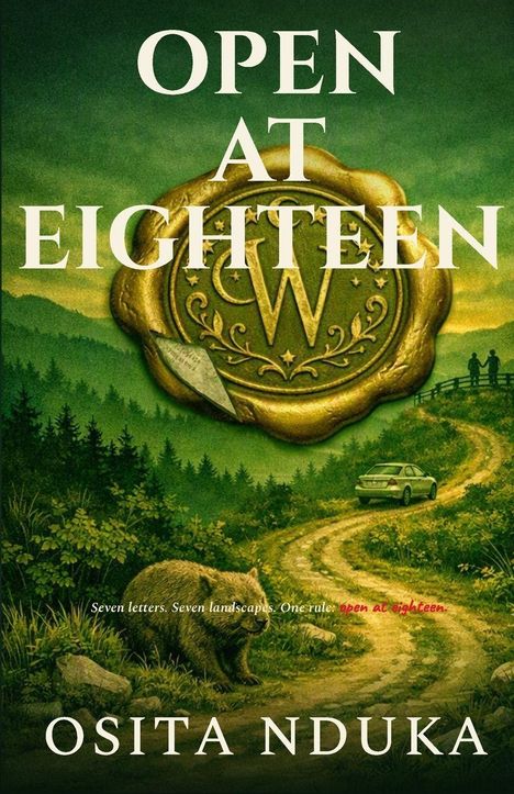 „Open At Eighteen.“ Ein grüner Landschaftshintergrund zeigt einen Pfad, ein Auto, zwei Figuren und einen Bären.