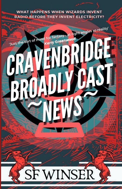 "Cravenbridge Broadly Cast News", darüber Text von Kerry Greenwood. Unten rote Ziegen und "SF Winser". Abstrakte Muster.