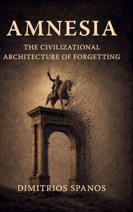 "AMNESIA: THE CIVILIZATIONAL ARCHITECTURE OF FORGETTING. DIMITRIOS SPANOS." Eine Statue zerfällt auf einem Torbogen.